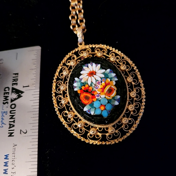 Flower Mosaic Goldtone Pendant - Picture 2 of 3